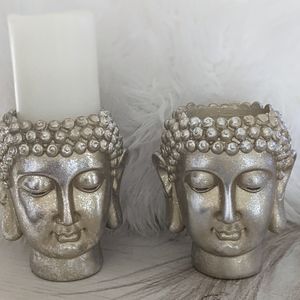 Set Of Buddha Heads Pillars Candle Holders Gold